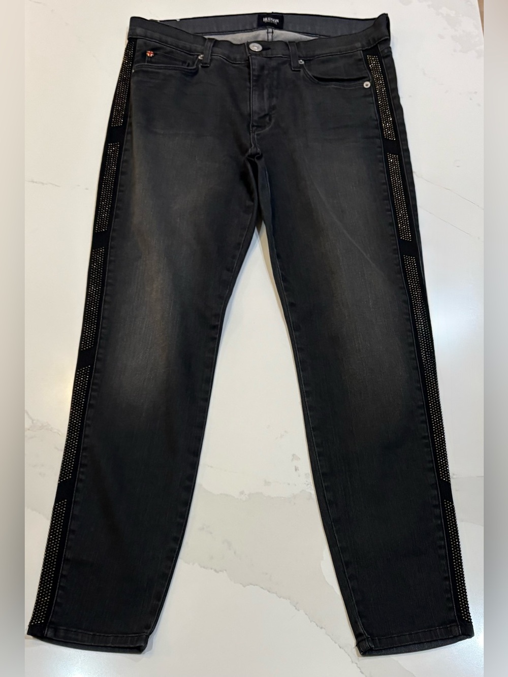 HUDSON SIZE 30 LUNA CROP SUPER SKINNY BLACK W/ SIDE STUDS ACCENT JEANS GREAT!